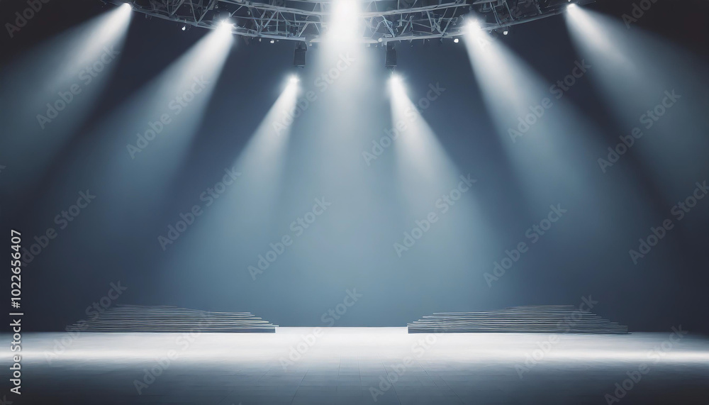 Poster empty stage illuminated by bright lights in a dark auditorium setting ready for an upcoming performa