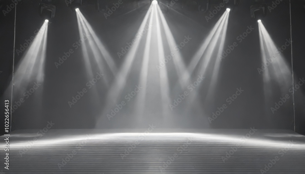 Poster bright stage lights illuminate an empty performance area with a subtle haze, ready for an upcoming s