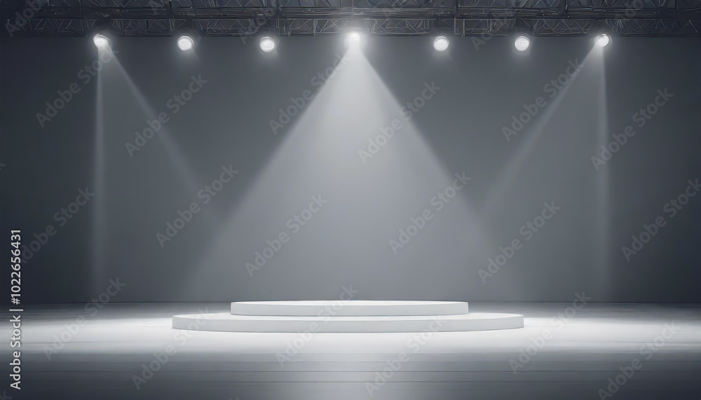 Poster brightly lit performance stage with three circular platforms and dramatic lighting in an empty venue