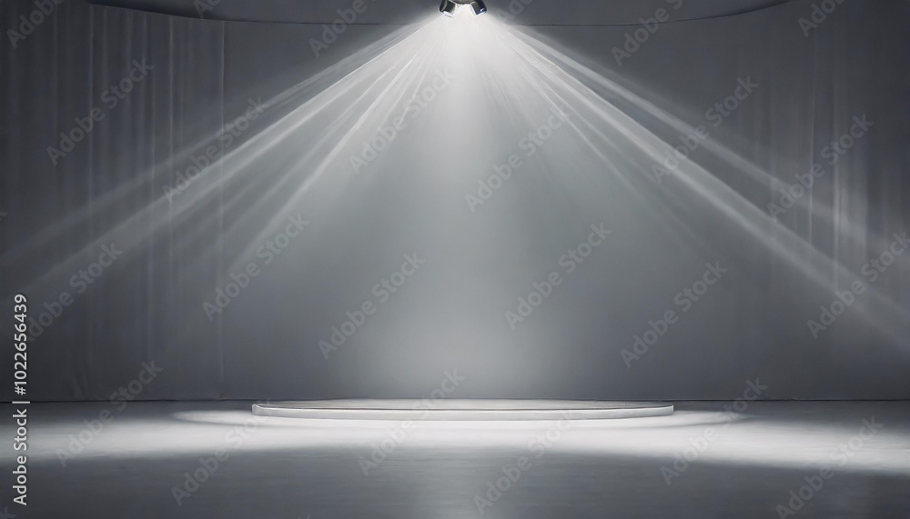 Poster a dimly lit stage with rays of light illuminating a circular platform in a modern artistic venue dur