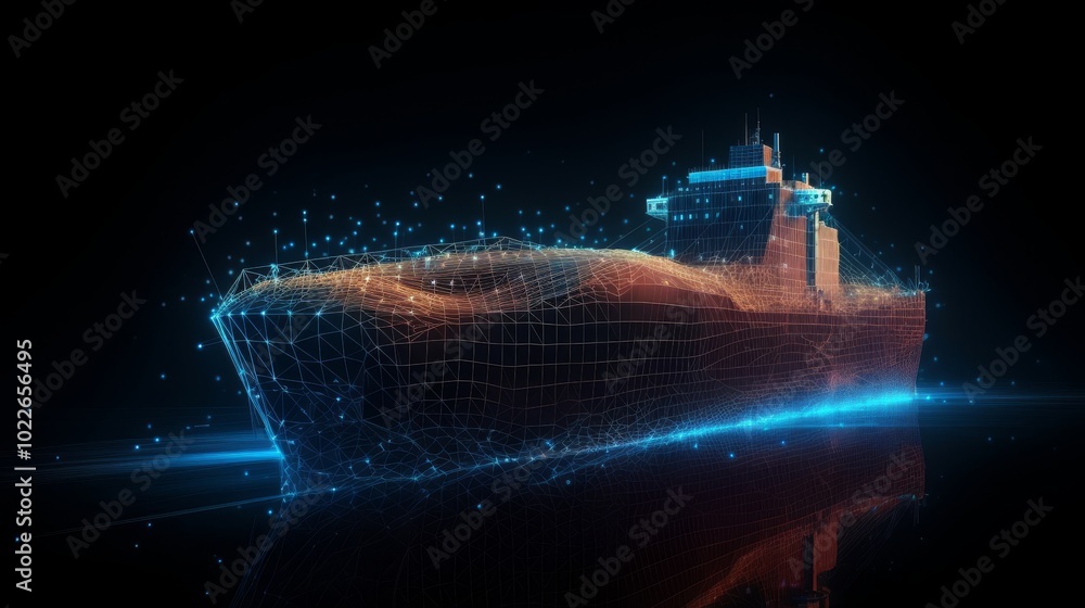 Poster a ship is shown in a computer generated image with a blue