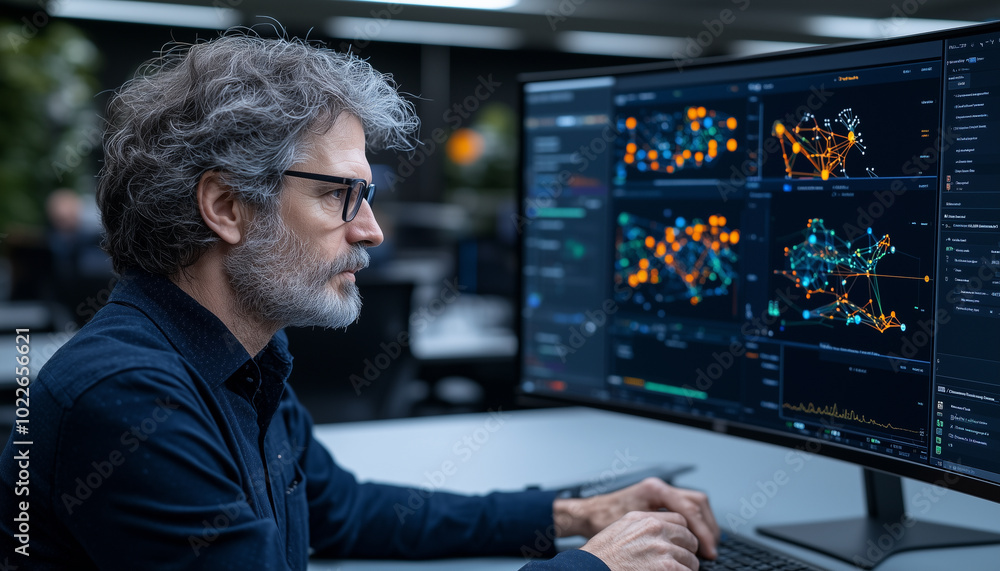 Poster biotech researcher is focused on advanced computer software, analyzing complex data visualizations on large screen. environment is modern and conducive to research