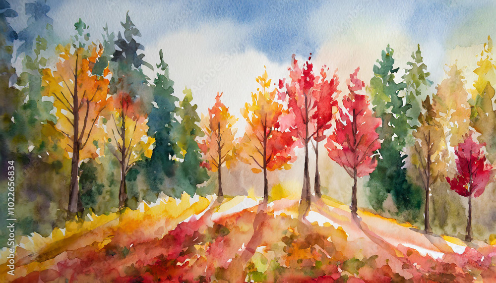 Poster vibrant autumn landscape with colorful trees and soft sunlight illuminating a serene path during a c