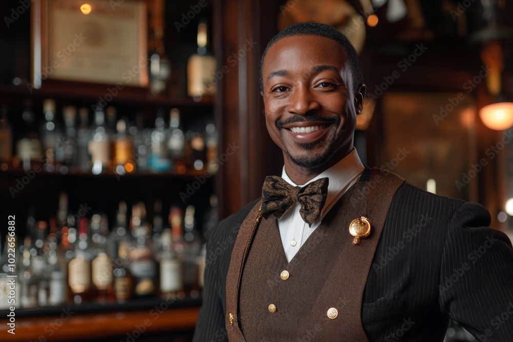 Poster man in a suit and tie is smiling and standing in front of a bar with many bottles