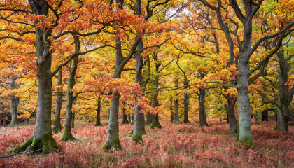 Fototapeta premium Autumn forest displaying vibrant orange and yellow foliage during a peaceful afternoon in a tranquil woodland setting