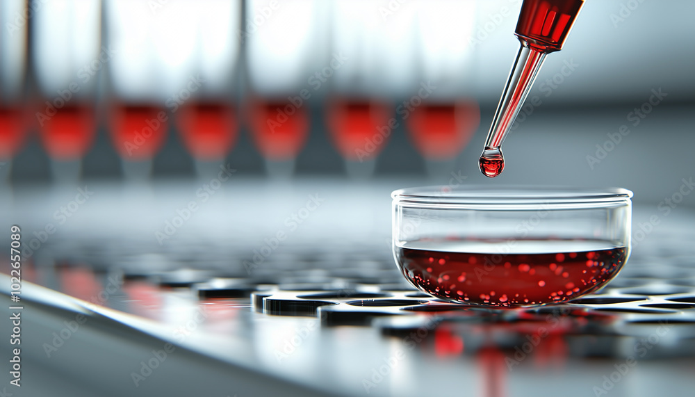 Poster close up of pipette dropping red liquid into petri dish, showcasing advanced laboratory techniques. 