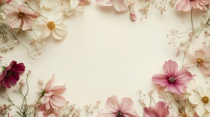 A floral frame of pink and white cosmos flowers with delicate white stems arranged on a light cream background, creating a blank space in the center for text or design.