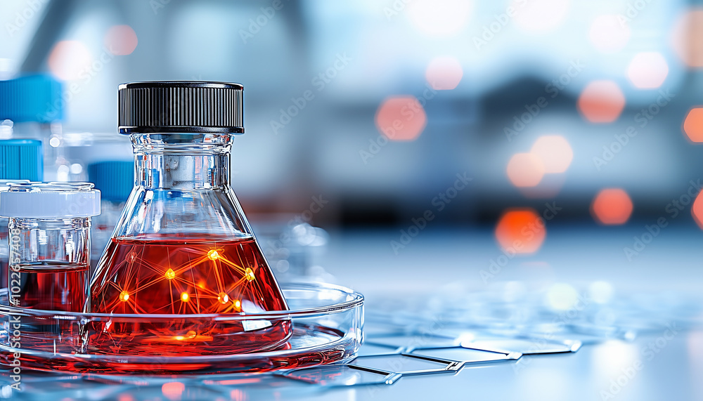 Poster close up view of laboratory glassware filled with vibrant red liquid, showcasing bioengineered organisms. scene is illuminated with soft bokeh lights, creating scientific and innovative atmosphere