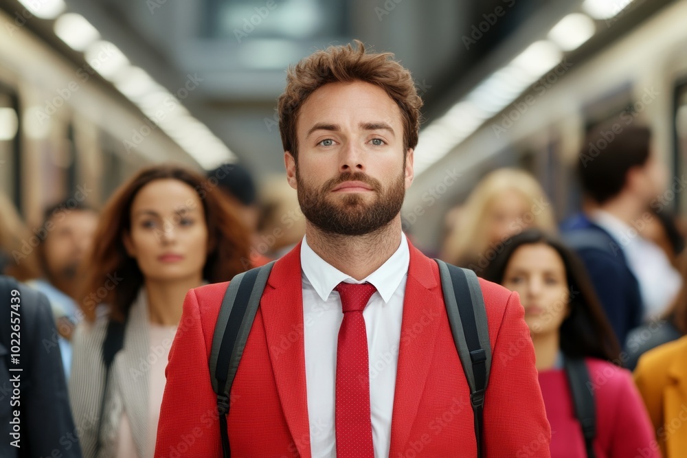 Poster man in a red suit and tie stands in a crowded subway station. he is the center of attention and he i