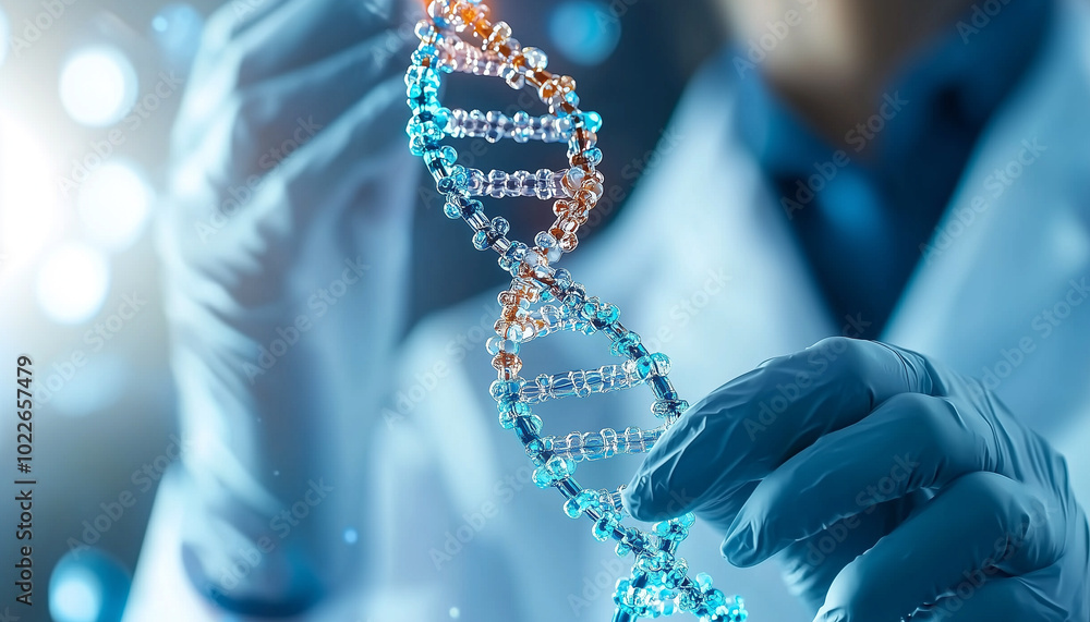 Poster close up of scientist hands in gloves holding dna strand, showcasing intricate details and vibrant c