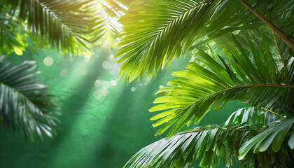 Sunlight filtering through lush green palm leaves in a tropical setting, creating a serene and vibrant atmosphere