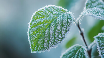 green leaf covered in frosty ice