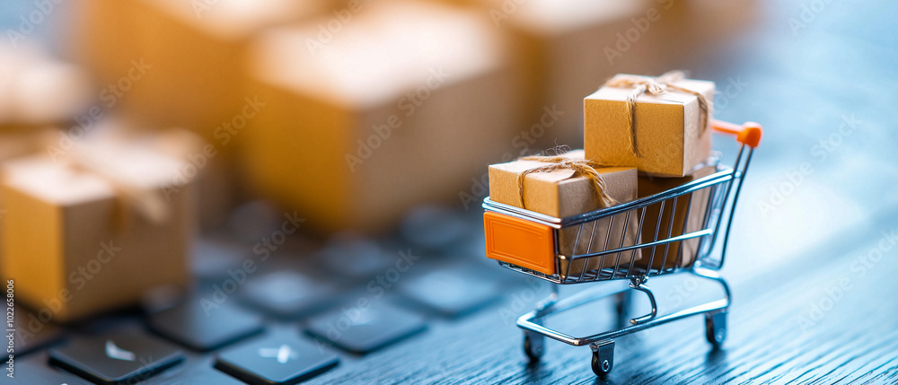 Poster shopping cart with small packages on keyboard, symbolizing online shopping and e commerce. image cap