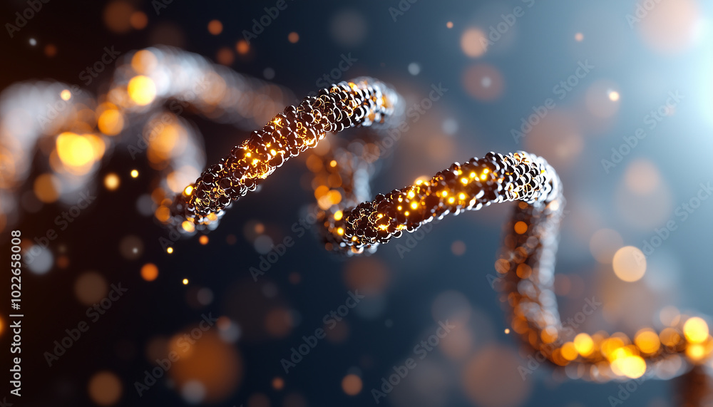 Poster image showcases close up view of DNA strand, intricately designed with glowing particles, symbolizing complexity of genetic material. vibrant colors and luminous effects create captivating visual