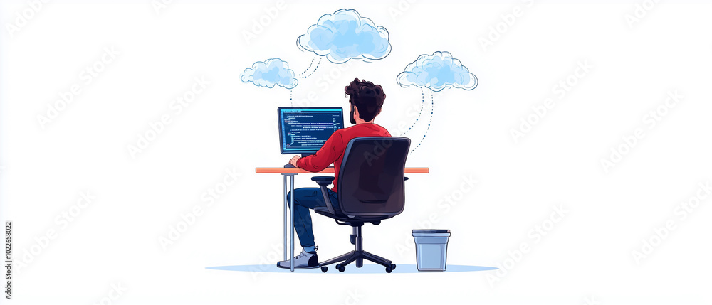 Aufkleber full stack developer is focused on cloud integration while coding at desk. scene captures modern workspace with computer, coding elements, and cloud symbols, reflecting tech savvy environment