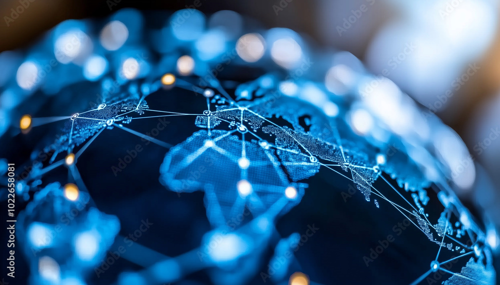 Poster close up view of digital globe showcasing interconnected networks and data points, symbolizing global connectivity and advanced technology. vibrant blue tones evoke sense of innovation and progress