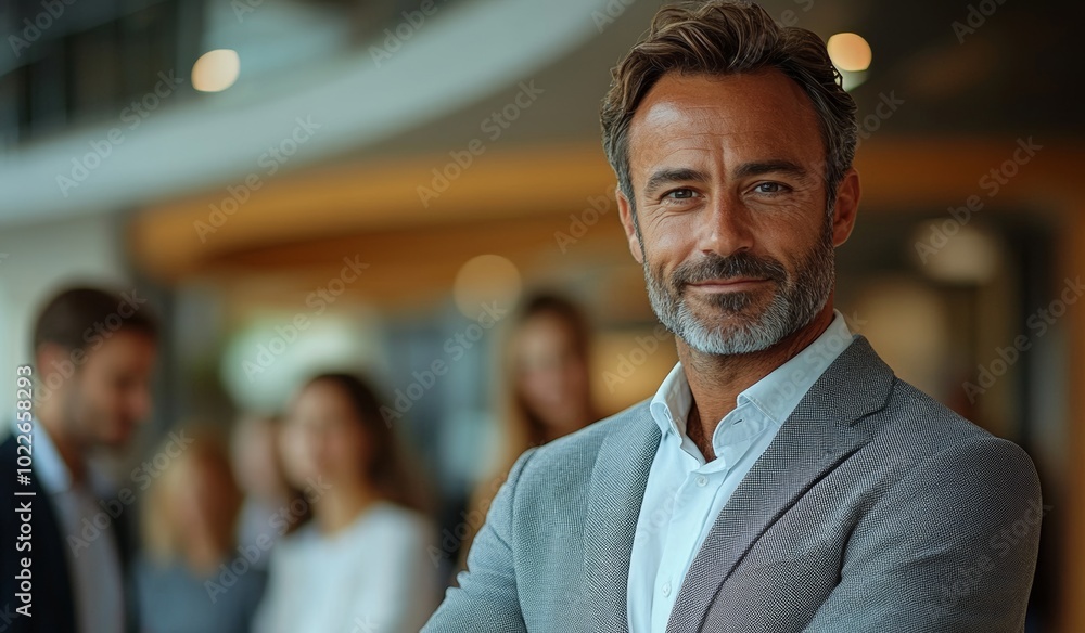 Poster man in a suit is posing for a picture with a group of people. he is smiling and looking directly at 