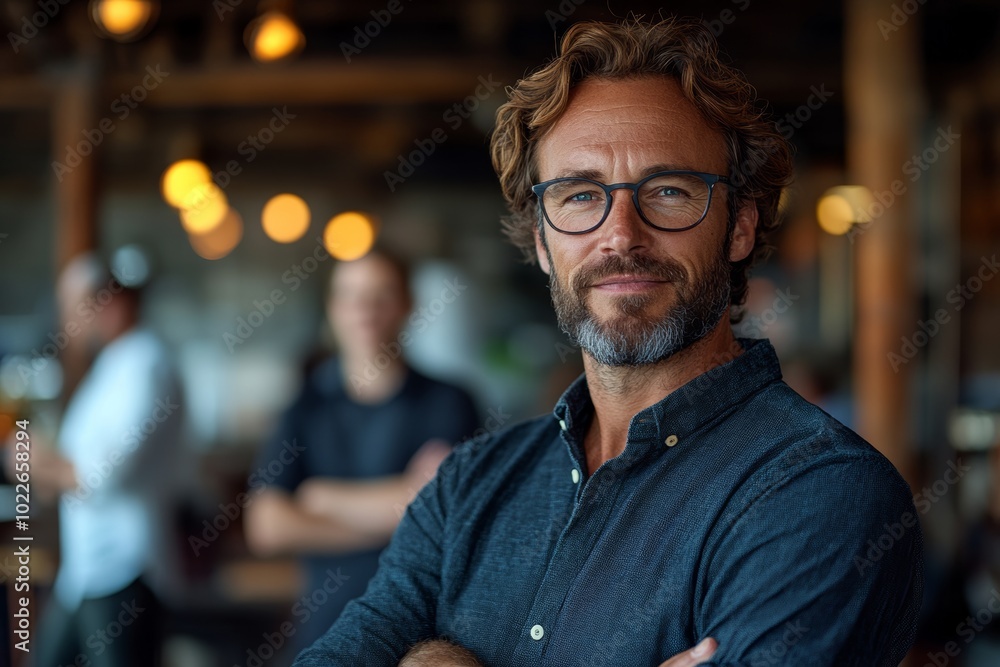 Poster man with glasses and a beard is standing in a restaurant with his arms crossed. he is smiling and lo