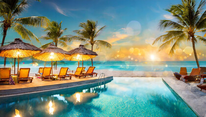 Relaxing beach resort at sunset with palm trees and lounge chairs by a shimmering pool