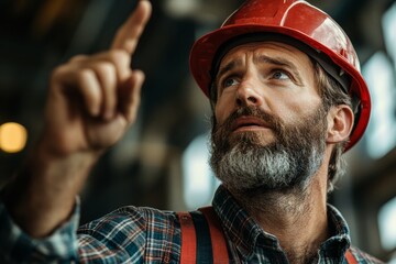 Man with a red hard hat points his finger up. He is wearing a hard hat and a vest