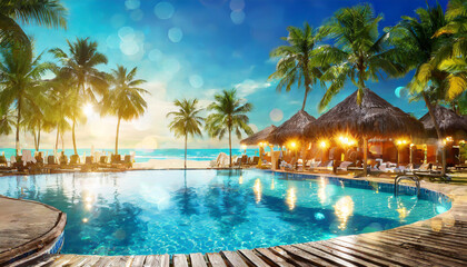 Tropical resort pool at sunset with palm trees and beachside cabanas in a serene coastal paradise