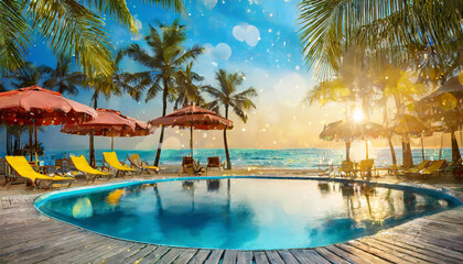 Relaxing evening by the swimming pool with palm trees and sunset views overlooking the beach