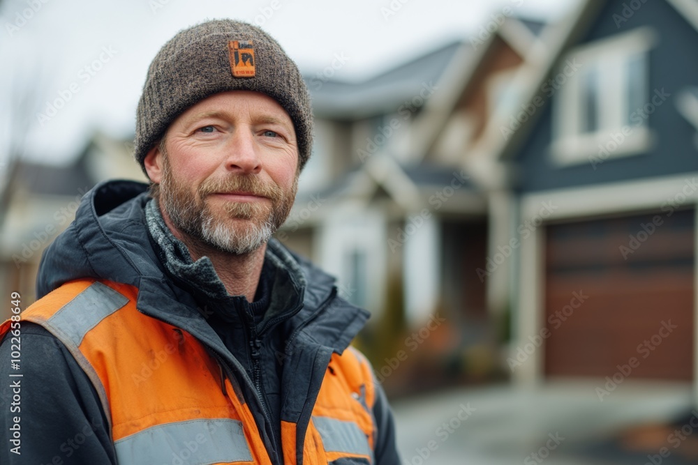 Poster man in an orange vest and a hat with the letters r and w on it. he is smiling and looking at the cam
