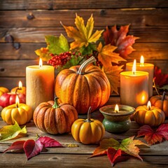 A beautiful pumpkin arrangement, burning candles among autumn leaves and pumpkins
