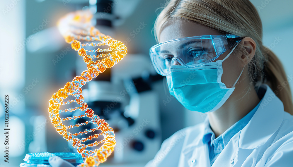 Poster scientist in high tech biotech lab is analyzing dna sequences with advanced equipment, showcasing bl