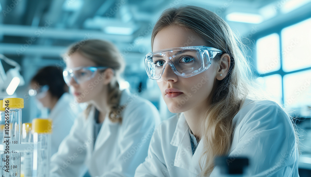 Poster focused scientists in high tech biotech lab wearing safety goggles, analyzing samples with precision