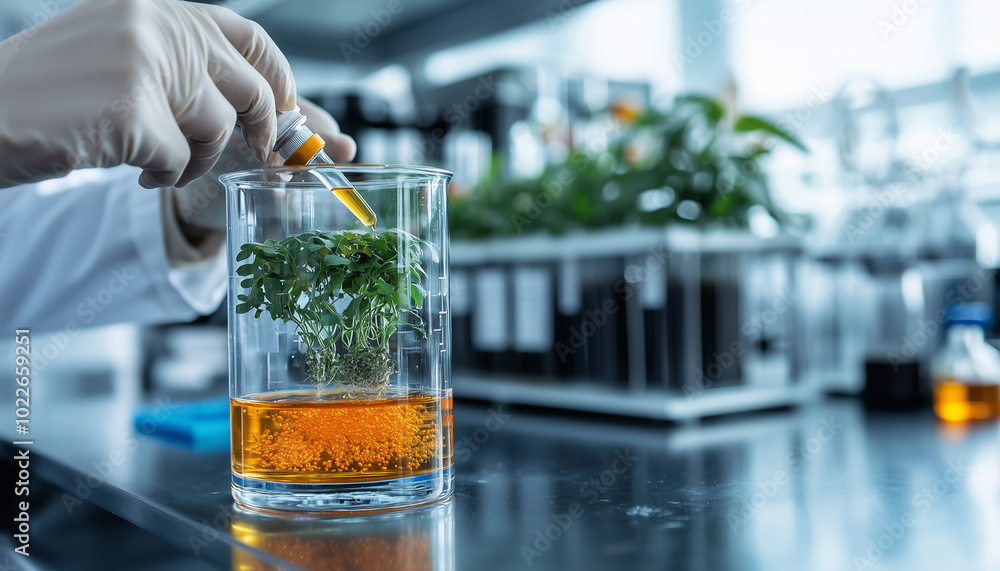 Poster scientist is conducting experiment by inserting genetically modified organisms into beaker filled wi