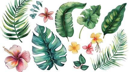 Fototapeta premium Vibrant Hibiscus Flower with Green Leaves Illustration - Illustrated image of a vibrant hibiscus flower with green leaves. Ideal for tropical themes, nature-inspired designs, and botanical projects.