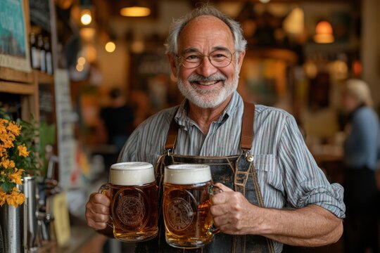 Man is holding two beer mugs and smiling. Concept of happiness and enjoyment