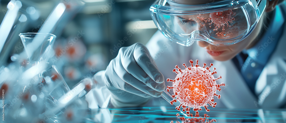 Poster scientist in lab is wearing protective goggles and gloves, closely examining 3d model of virus. envi