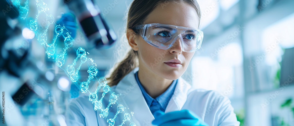 Aufkleber focused scientist analyzing genetic data in laboratory setting, showcasing advanced research techniq