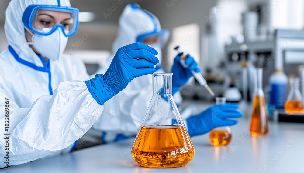 Poster conducting experiments in laboratory, team of scientists in protective gear carefully handles glassw
