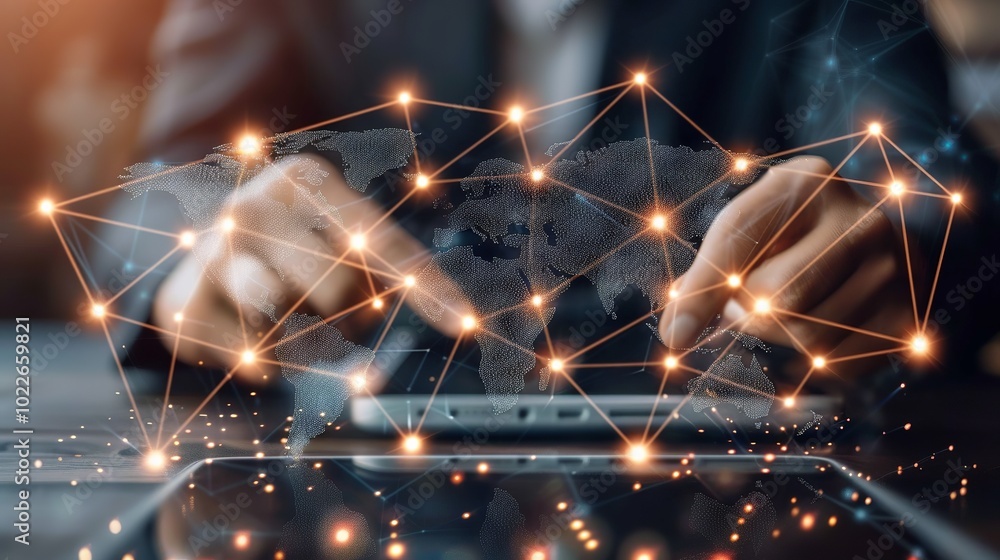 Poster global communication network concept showcasing worldwide connectivity through advanced digital tech