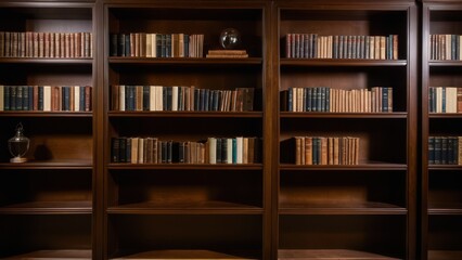 Bookshelves in cozy home settings. Elegant dark wooden bookshelves decorated with vintage books, black vases, gold ornaments, and woven baskets, illuminated by soft lighting.