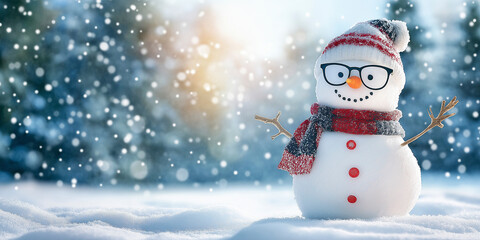 Fototapeta premium Snowman in glasses scarf and hat. Copy space
