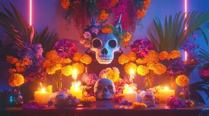 Vibrant altar adorned with colorful flowers, candles, and a skull, creating a festive atmosphere for cultural celebration.