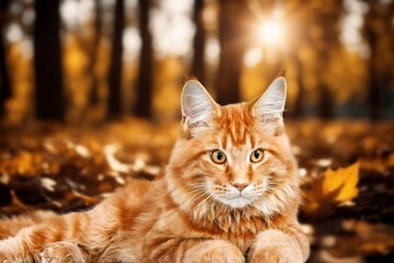 Fototapeta premium Portrait of a charming small kitten in autumn nature
