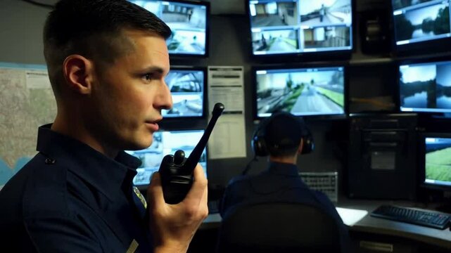 Male security officer monitors multiple CCTV screens in a surveillance control center, ensuring safety and security