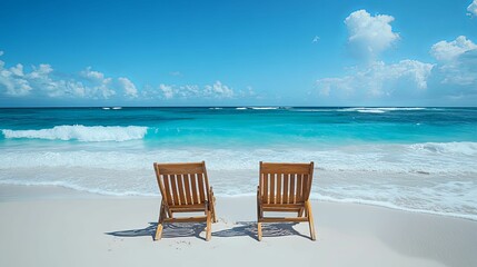 Two Wooden Chairs on a Sandy Beach Facing the Ocean