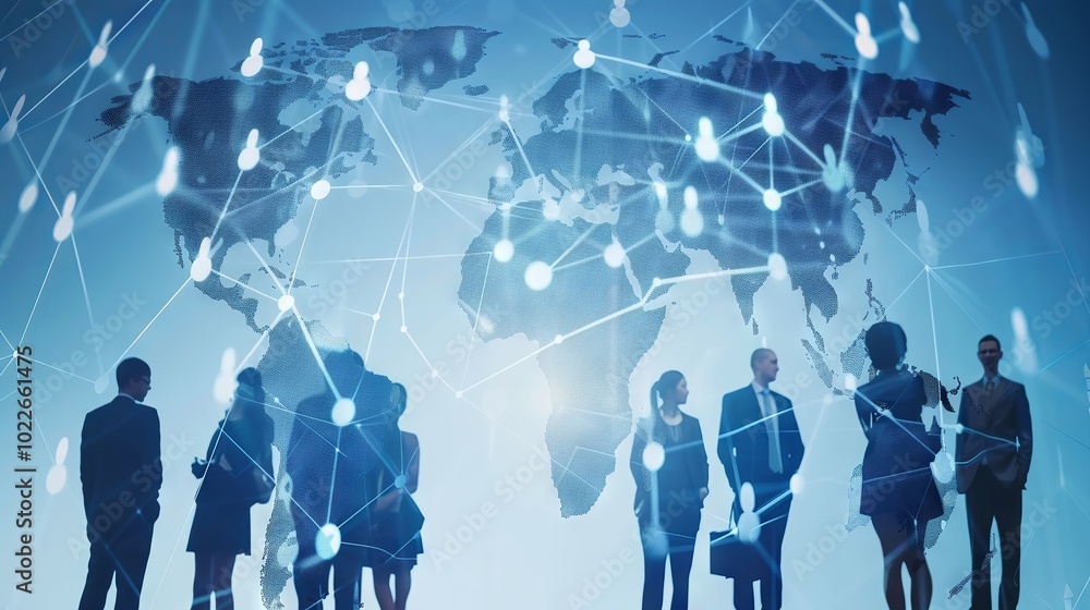 Poster global communication network concept with interconnected business nodes and human resources collabor