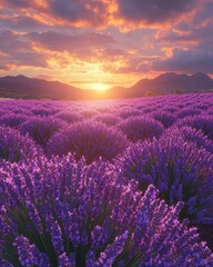 Obraz premium A breathtaking sunset over a vibrant lavender field, showcasing hues of purple and orange in the sky.