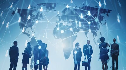 Global communication network concept with interconnected business nodes and human resources collaboration across worldwide platforms.