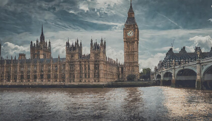 Naklejka premium Historic Parliament building and Big Ben reflected in the Thames River on a cloudy day in London