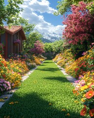 Obraz premium A vibrant garden pathway framed by colorful flowers and lush green grass under a clear blue sky.