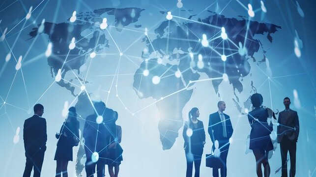 Global communication network concept with interconnected business nodes and human resources collaboration across worldwide platforms.