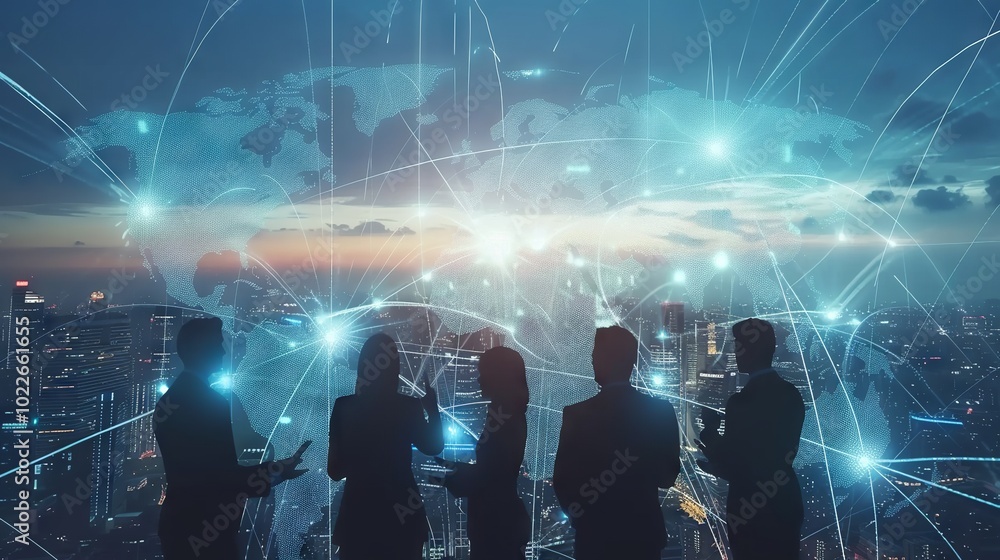 Poster global communication network concept with interconnected business nodes and human resources collabor